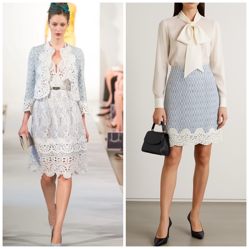 Oscar De La Renta Blue Tweed Skirt Crochet Trim Size 10 Spring 2013 Runway NWT